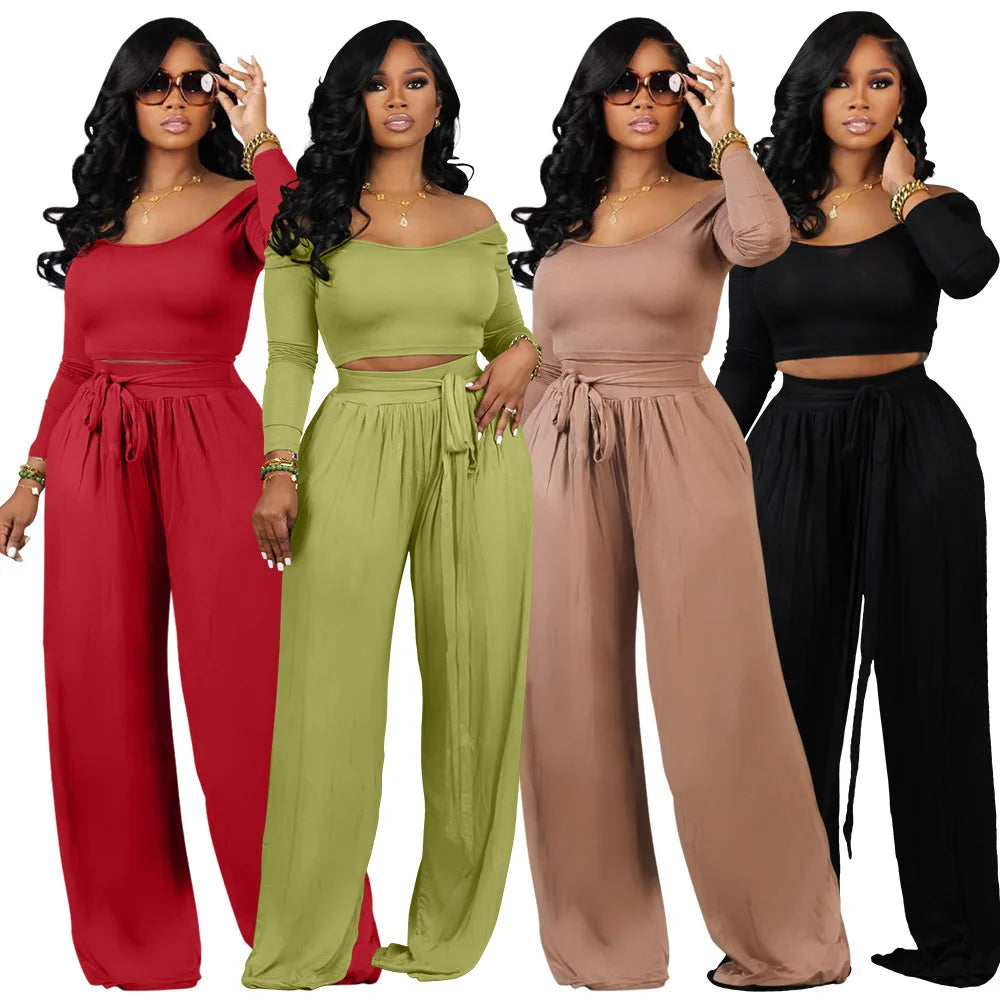 Fall Ladies 2 Pcs Outfits Long Sleeve Tops Lace up Paggy Trousers Suit Loungewear Two Piece Wide Leg Pant Set Women Clothing