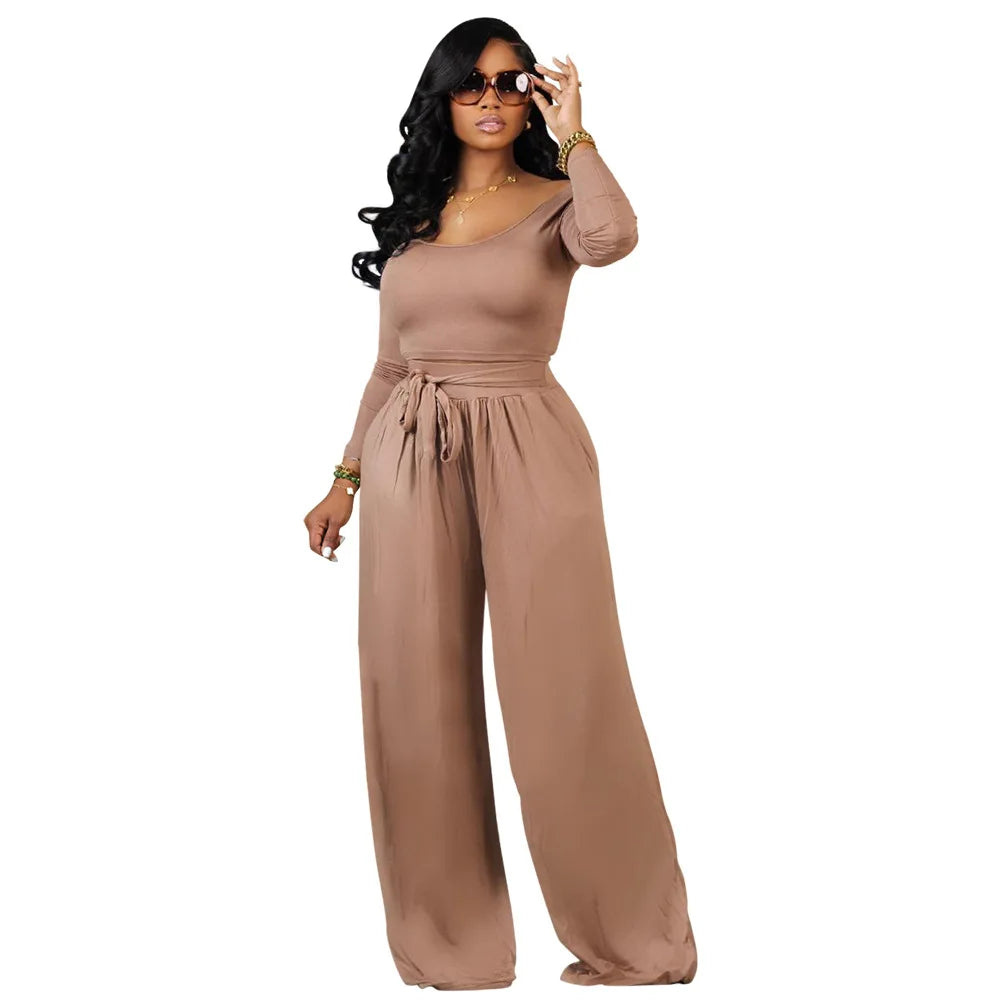 Fall Ladies 2 Pcs Outfits Long Sleeve Tops Lace up Paggy Trousers Suit Loungewear Two Piece Wide Leg Pant Set Women Clothing